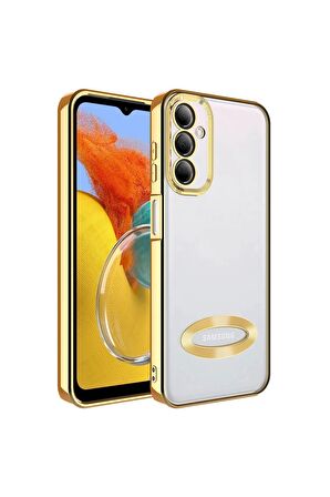 Samsung Galaxy M14 Kılıf Logo Yeri Açık Kamera Lens Korumalı Renkli Kenarlı Şeffaf Silikon