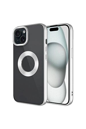 Apple iPhone 15 Kılıf Tek Kamera Çerçeveli Renkli Kenarlı Logo Yeri Açık Şeffaf Silikon