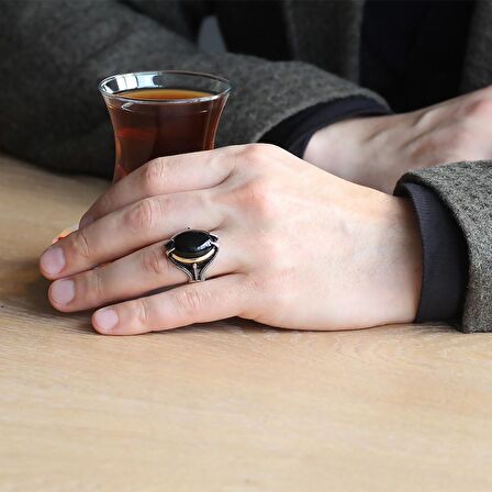 Pençe Tasarım Siyah Oniks Taşlı 925 Ayar Gümüş Erkek Yüzük