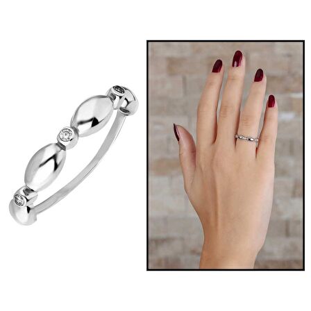 Zirkon Taşlı Sıralı Arpa Tasarım 925 Ayar Gümüş Kadın Yüzük