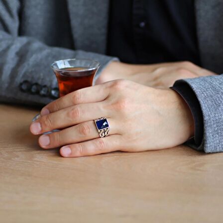 Zincir Tasarım Faset Mavi Zirkon Taşlı 925 Ayar Gümüş Erkek Yüzük