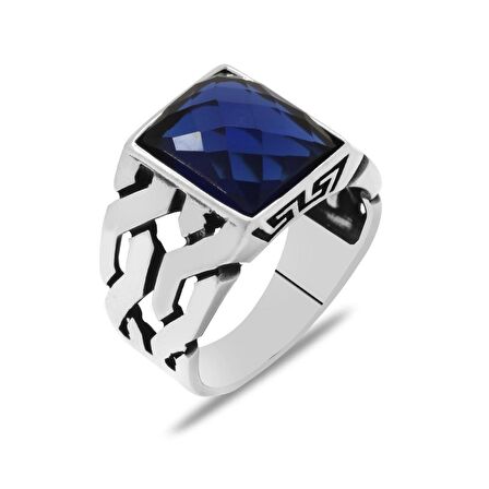 Zincir Tasarım Faset Mavi Zirkon Taşlı 925 Ayar Gümüş Erkek Yüzük