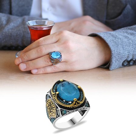 Aqua Paraiba Taşlı Kenarları Kalem İşçilik Detaylı 925 Ayar Gümüş Erkek Yüzük