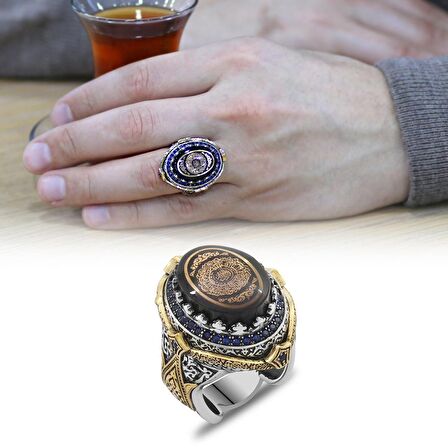 Mavi Sıkma Kehribar Üzerine Hüsn-i Hat "Ayet-el Kürsi" Yazılı 925 Ayar Gümüş Erkek Yüzük