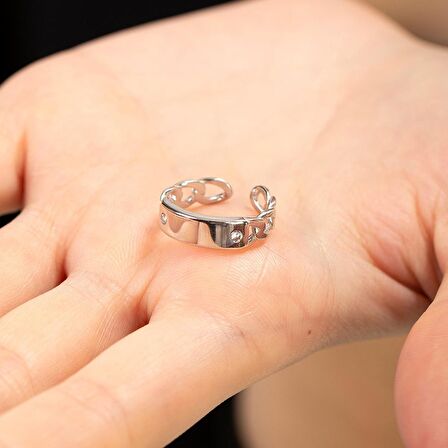 Zincir Tasarım Silver Renk Free Size Kişiye Özel İsim/Harf Yazılı 925 Ayar Gümüş Kadın Tektaş Yüzük