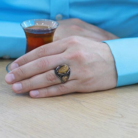 Kaplangözü Taşlı Oval Tasarım Grek Süslemeli 925 Ayar Gümüş Erkek Yüzük