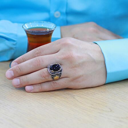 Siyah Oniks Taşlı Oval Tasarım Kişiye Özel İsim/Harf Yazılı 925 Ayar Gümüş Erkek Yüzük