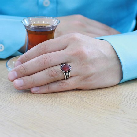 Faset Kırmızı Zirkon Taşlı Oval Tasarım 925 Ayar Gümüş Erkek Yüzük