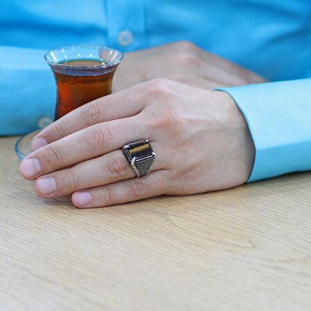 Nokta İşlemeli Kartal Pençesi Detaylı Kaplangözü Taşlı 925 Ayar Gümüş Erkek Yüzük