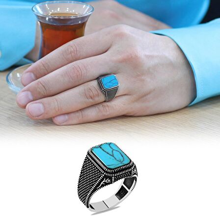 Firuze Taşlı Lale İşlemeli 925 Ayar Gümüş Erkek Yüzük