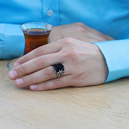 Markazit Taş İşlemeli Siyah Bombeli Oniks Taşlı 925 Ayar Gümüş Erkek Yüzük