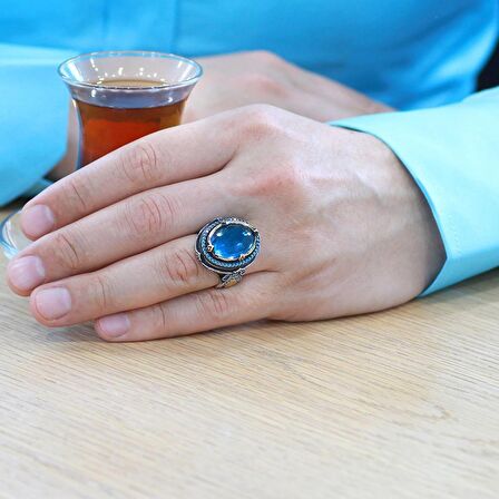 Faset Aqua Zirkon Taşlı Kral Tacı Tasarım Kişiye Özel İsim/Harf Yazılı 925 Ayar Gümüş Erkek Yüzük