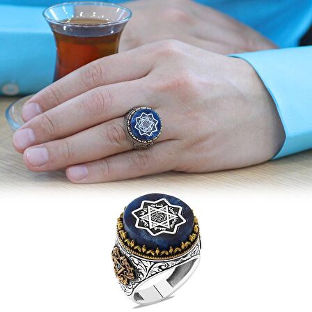 Sıkma Kehribar Üzerine "Mühr-i Süleyman ve Duası" İşlemeli 925 Ayar Gümüş Erkek Yüzük