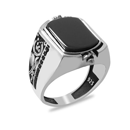 Oniks Taşlı Siyah Zirkon Taşlı Mıhlamalı Çift Taraflı Kişiye Özel İsim Harf Yazılı 925 Ayar Gümüş Erkek Yüzük