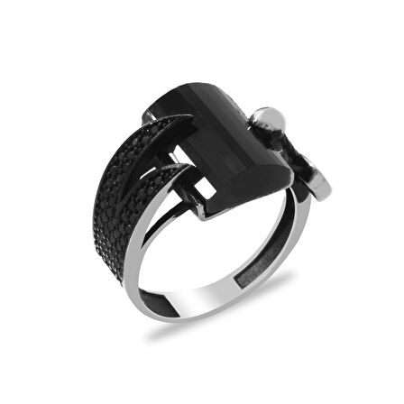 Faset Kesim Siyah Zirkon Taşlı Zülfikar Detaylı 925 Ayar Gümüş Erkek Yüzük