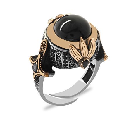 Siyah Oniks Taşlı Zülfikar Detaylı Free Size 925 Ayar Gümüş Erkek Yüzük