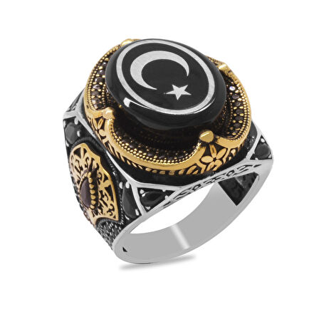 Erzurum Oltu Taşı Üzerine Ayyıldız İşlemeli Kenarları Mikro Zirkon Taş Mıhlamalı Oval Tasarım Koleksiyonluk 925 Ayar Gümüş Erkek Yüzük