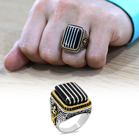 Dikdörtgen Tasarım Kenarları Mikro Zirkon Taş Mıhlamalı Koleksiyonluk 925 Ayar Gümüş Erzurum Oltu Taşı Erkek Yüzük