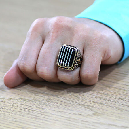 Dikdörtgen Tasarım Kenarları Mikro Zirkon Taş Mıhlamalı Koleksiyonluk 925 Ayar Gümüş Erzurum Oltu Taşı Erkek Yüzük