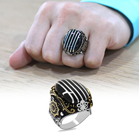 Oval Tasarım Kenarları Hançer Detaylı Koleksiyonluk 925 Ayar Gümüş Erzurum Oltu Taşı Erkek Yüzük