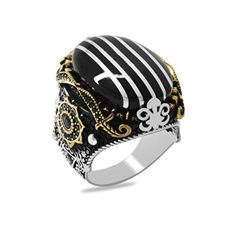 Oval Tasarım Kenarları Hançer Detaylı Koleksiyonluk 925 Ayar Gümüş Erzurum Oltu Taşı Erkek Yüzük