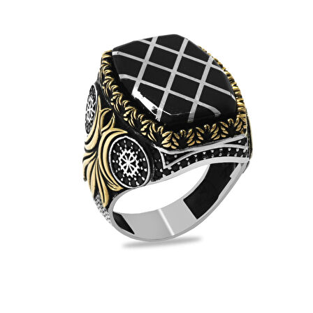 Erzurum Oltu Taşı Üzerine Gümüş Baklava Deseni İşlemeli Dikdörtgen Tasarım Koleksiyonluk 925 Ayar Gümüş Erkek Yüzük