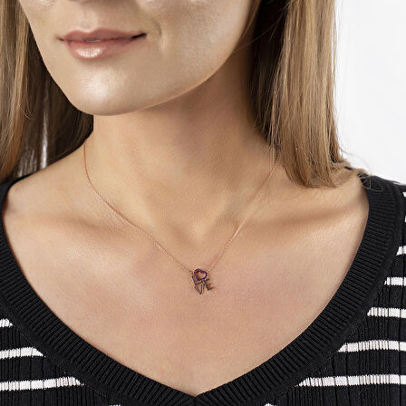 Pembe Zirkon Taşlı Love-Kalp Tasarım 925 Ayar Gümüş Kadın Kolye