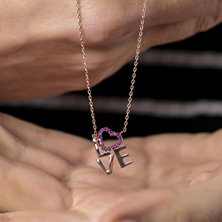 Pembe Zirkon Taşlı Love-Kalp Tasarım 925 Ayar Gümüş Kadın Kolye