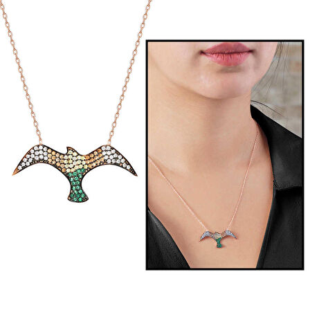 Yeşil Sarı Zirkon Taşlı Martı Tasarım 925 Ayar Gümüş Kadın Kolye