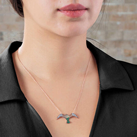 Yeşil Sarı Zirkon Taşlı Martı Tasarım 925 Ayar Gümüş Kadın Kolye