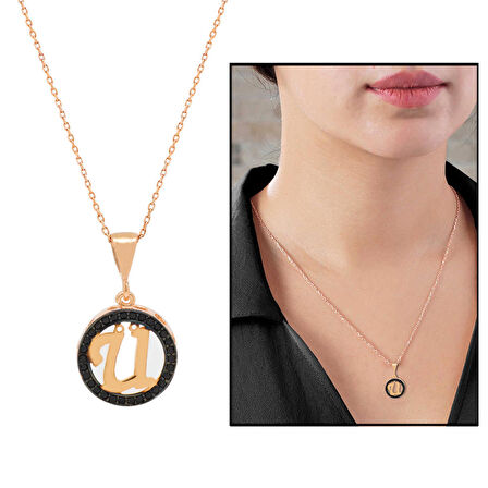 3D Tasarım Siyah Zirkon Taşlı 925 Ayar Gümüş Harf Kolye " Ü "