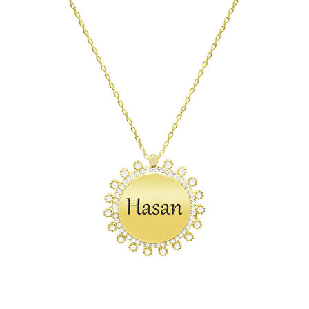Zirkon Taşlı Güneş Tasarım Gold Renk Kişiye Özel İsim/Harf Yazılı 925 Ayar Gümüş Kadın Kolye