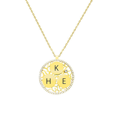 Zirkon Taşlı Gold Renk Kişiye Özel Üç İsim/Harf Yazılı 925 Ayar Gümüş Kadın Kolye