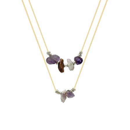 Zarif İp Zincirli Doğal Form  Çoklu Doğaltaş Kombinasyonlu Aslan Burcu Kadın Kolye