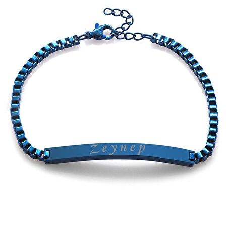 Çelik Zincirli Lacivert Renk Kişiye Özel İsim Yazılı Kadın Bileklik