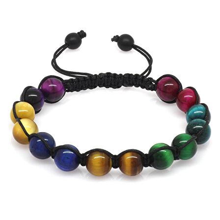 Makrome Örgülü Küre Kesim Çoklu Kaplangözü Doğaltaş Kombinli Kadın Enerji Bilekliği