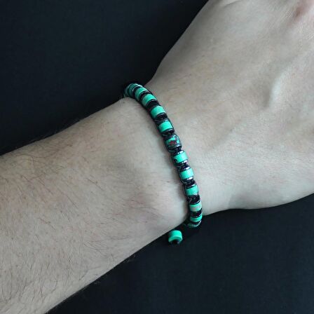 Silindir Kesim Makrome Örgülü Yeşil Varisit-Hematit Kombinli Doğaltaş Erkek Bileklik