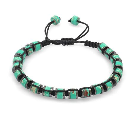 Silindir Kesim Makrome Örgülü Yeşil Varisit-Hematit Kombinli Doğaltaş Erkek Bileklik