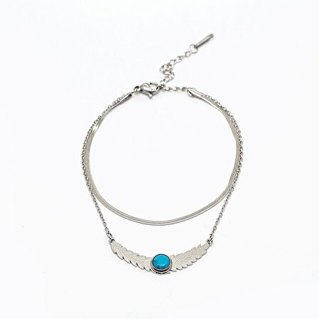 Gümüş Renk Snake Zincirli Firuze Doğaltaş Kombinli Buğday Tasarım Kadın Bileklik