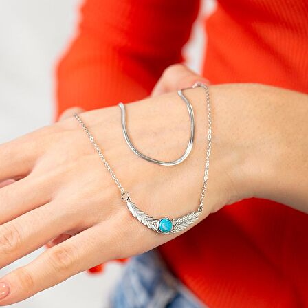 Gümüş Renk Snake Zincirli Firuze Doğaltaş Kombinli Buğday Tasarım Kadın Bileklik