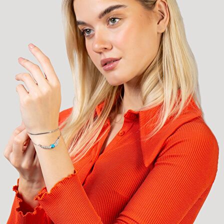 Gümüş Renk Snake Zincirli Firuze Doğaltaş Kombinli Buğday Tasarım Kadın Bileklik