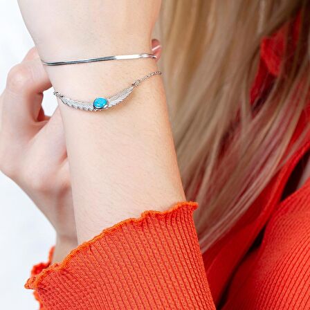 Gümüş Renk Snake Zincirli Firuze Doğaltaş Kombinli Buğday Tasarım Kadın Bileklik