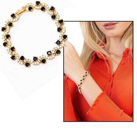 Gold Renk Siyah-Beyaz Zirkon Taşlı Tam Tur Çelik Kadın Bileklik