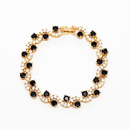 Gold Renk Siyah-Beyaz Zirkon Taşlı Tam Tur Çelik Kadın Bileklik