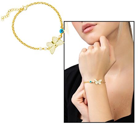 Beyaz Zirkon Taşlı Gold Renk Kelebek Tasarım Nazar Boncuğu Detaylı 925 Ayar Gümüş Kadın Bileklik