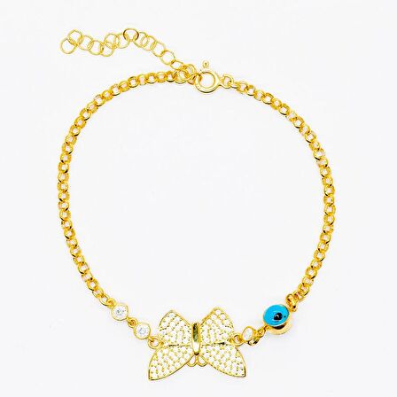 Beyaz Zirkon Taşlı Gold Renk Kelebek Tasarım Nazar Boncuğu Detaylı 925 Ayar Gümüş Kadın Bileklik