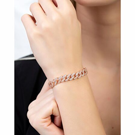 Beyaz Zirkon Taşlı Rose Renk 925 Ayar Gümüş Gurmet Kadın Bileklik