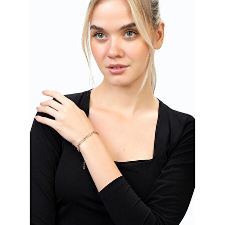 Beyaz Zirkon Taşlı Trend Tasarım Rose Renk 925 Ayar Gümüş Kadın Bileklik