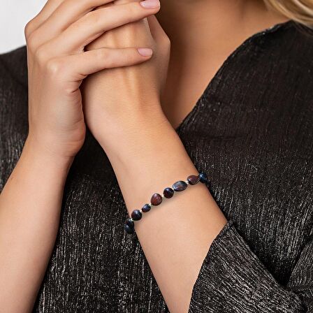 Makrome Örgülü Naturel Kesim Koyu Renk Kaplangözü Doğaltaş Kadın Bileklik