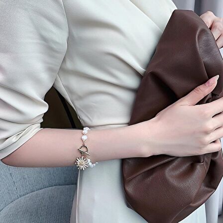 Beyaz Zirkon Taşlı Gold Renk Kelebek Tasarım Uzunluk Ayarlı Doğaltaş İnci Kadın Bileklik